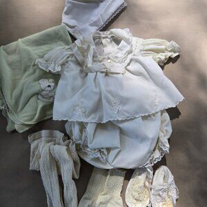 1970s Baby Christening outfit, accessories, and receiving blanket